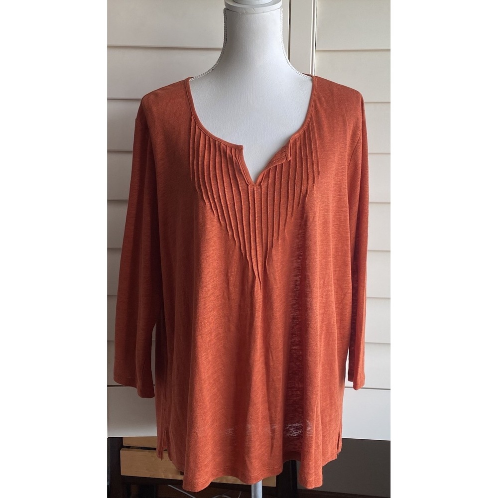 Poetry 100% Linen Knit Top V-Neck Women XL Rust Orange Lightweight Minimalist